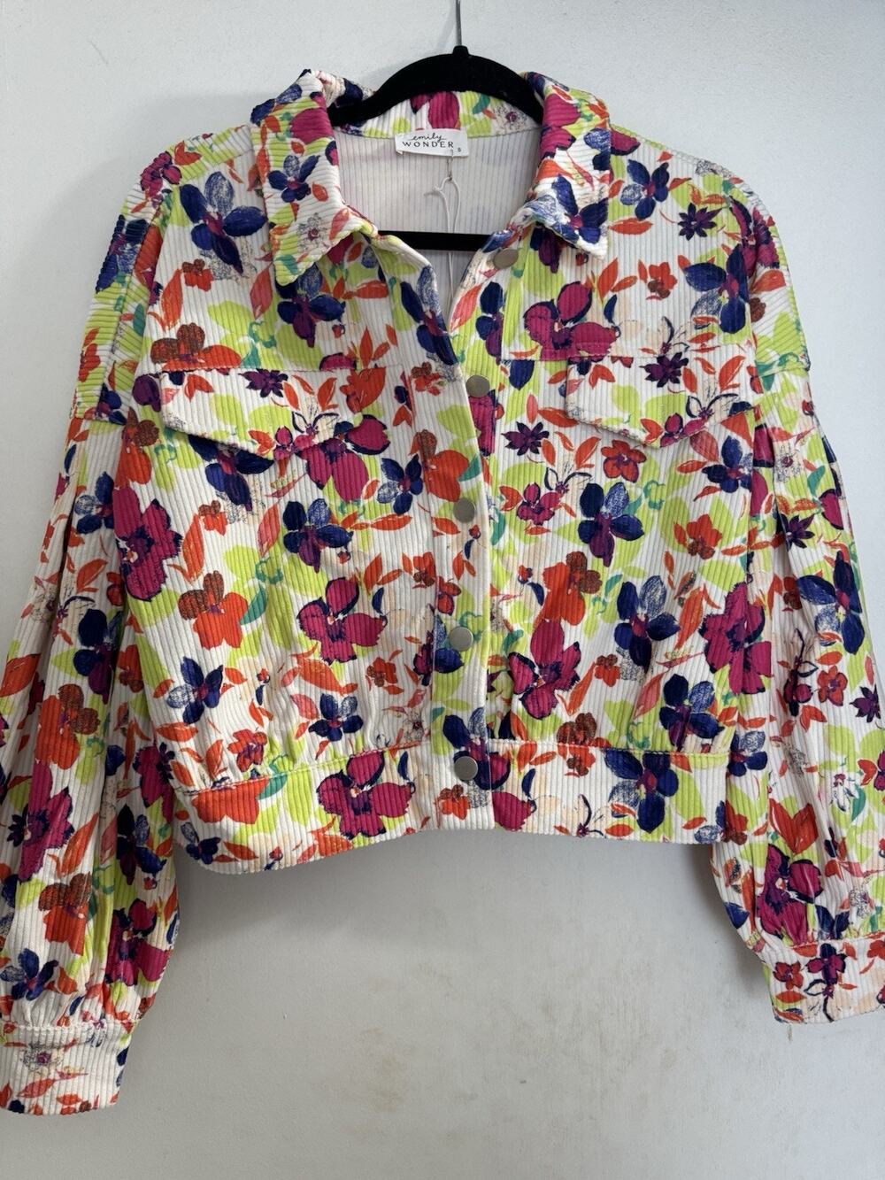 Emily Wonder Women’s Floral Corduroy Long Sleeve Button Up Shacket Size Small